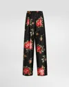 Dolce & Gabbana Wide Twill Trousers With Rose Bouquet Print In Multi