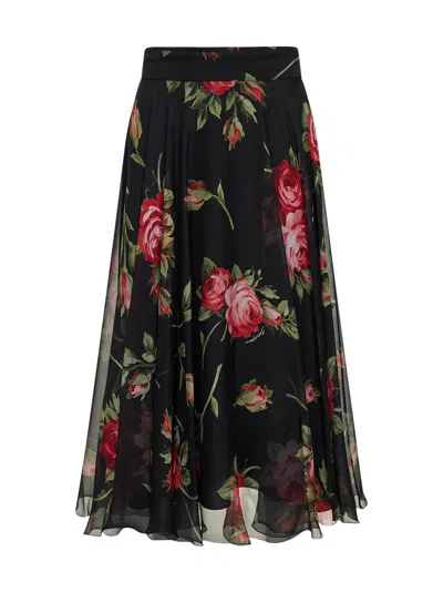 Dolce & Gabbana Women Rose Bouquet Printed Chiffon Midi Full Skirt In Black