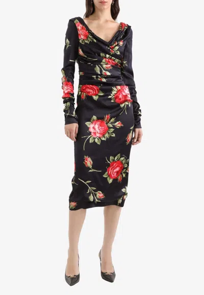 Dolce & Gabbana Draped Satin Dress With Bouquet Rose Print In Black