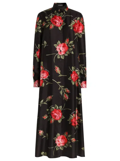 Dolce & Gabbana Rose Bouquet-print Long Twill Dress In Black