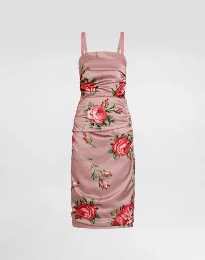 Dolce & Gabbana Rose Bouquet-print Satin Dress In Multi
