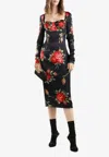 Dolce & Gabbana Rose-print Satin Long-sleeve Midi Dress In Multi