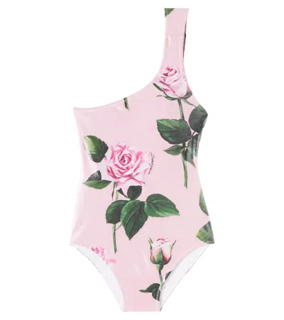 Dolce & Gabbana Kids' Floral One-shoulder Swimsuit In Rose C/stelo F.rosa