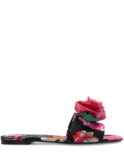 Dolce & Gabbana Rose Embellished Printed Flat Sandals