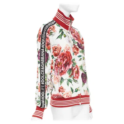 Pre-owned Dolce & Gabbana Dolce Gabbana Rose Floral Print Striped Silk Trim Track Bomber Jacket It36 Xxs In Red