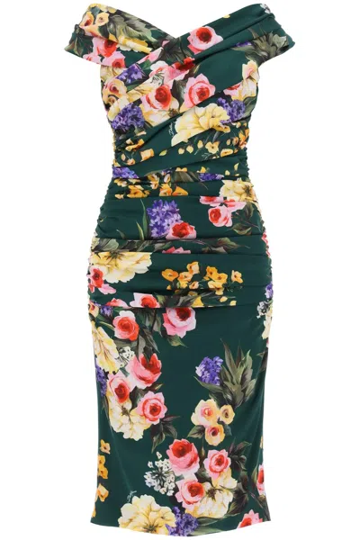 Dolce & Gabbana Rose Garden Draped Midi Dress In Green