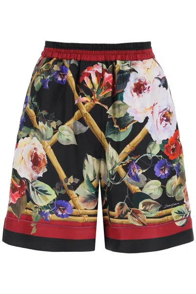 Dolce & Gabbana Twill Pajama Shorts With Rose Garden Print In Multicolor