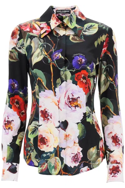 Dolce & Gabbana Rose Garden Shirt In Satin In Multicolor