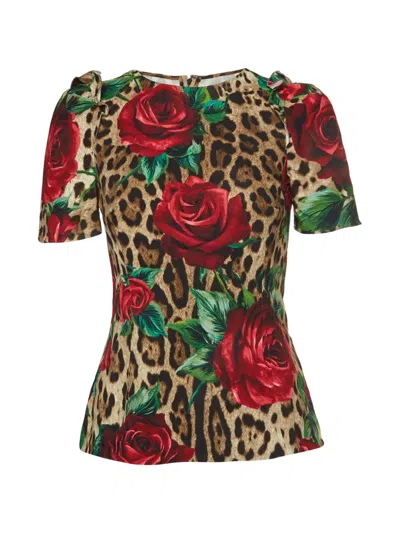 Pre-owned Dolce & Gabbana Rose Leopard-print Top In Brown