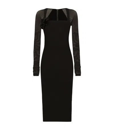 Dolce & Gabbana Jersey Calf-length Dress With Tulle Sleeves In Black