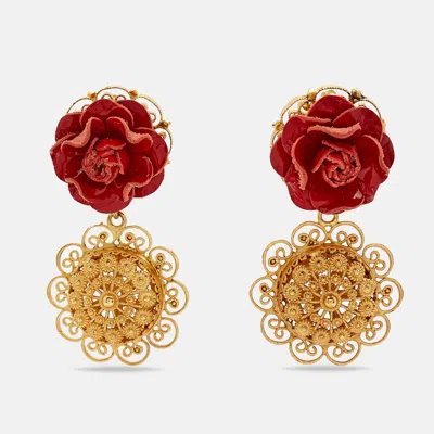 Pre-owned Dolce & Gabbana Rose Patent Leather Clip-on Earrings In Red