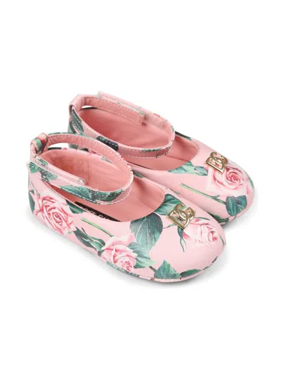 Dolce & Gabbana Babies' Rose-print Ballerinas In Pink