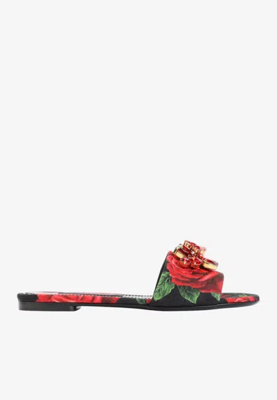 Dolce & Gabbana Rose Print Brocade Flat Sandals In Multicolor