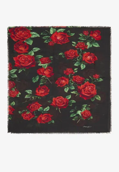 Dolce & Gabbana Rose Print Cashmere-blend Scarf In Black