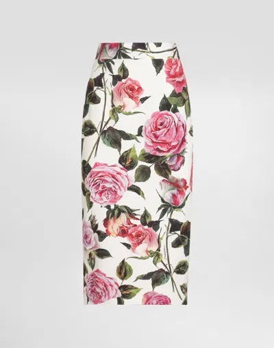Dolce & Gabbana Rose-print Cotton-blend Midi Skirt In Multi
