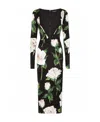 Dolce & Gabbana Satin Calf-length Dress With White Rose Print In Black