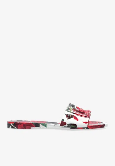 Dolce & Gabbana Rose Print Dg Logo Rubber Slides In Multi