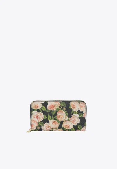 Dolce & Gabbana Rose Print Dg Logo Zip-around Wallet In Green