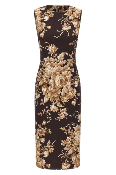 Dolce & Gabbana Rose Print Fitted Floral Knee-length Dress In Multi
