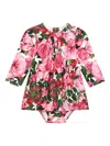 Dolce & Gabbana Interlock Dress With Rose Print Over A White Background In Pink