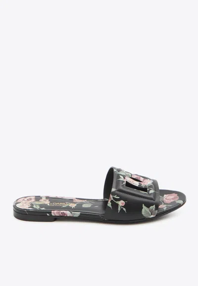 Dolce & Gabbana Rose Print Flat Slides In Multi