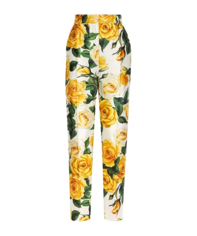 DOLCE & GABBANA ROSE-PRINT HIGH-WAISTED TROUSERS