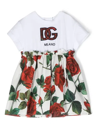 Dolce & Gabbana Babies' Rose-print Layered Flared Dress In White