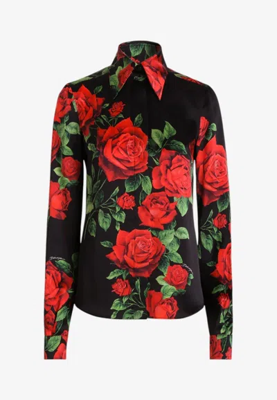 Dolce & Gabbana Rose Print Long-sleeved Satin Shirt In Multi