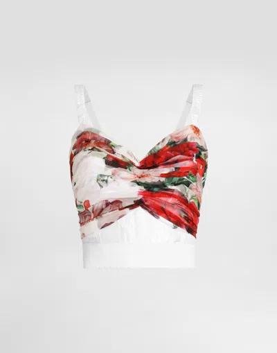 DOLCE & GABBANA ROSE-PRINT MARQUISETTE AND CHIFFON CORSET TOP