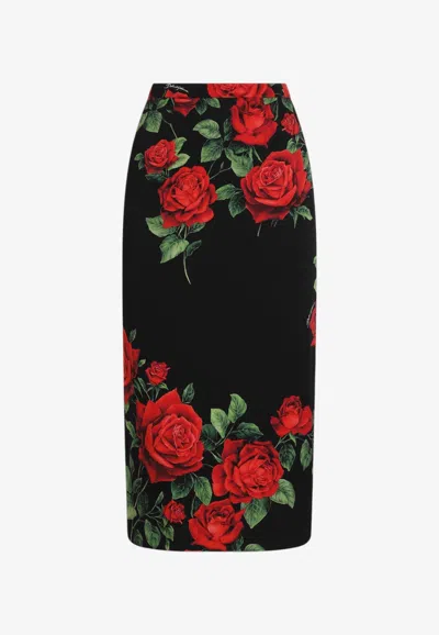 Dolce & Gabbana Rose Print Midi Charmeuse Skirt In Multicolor