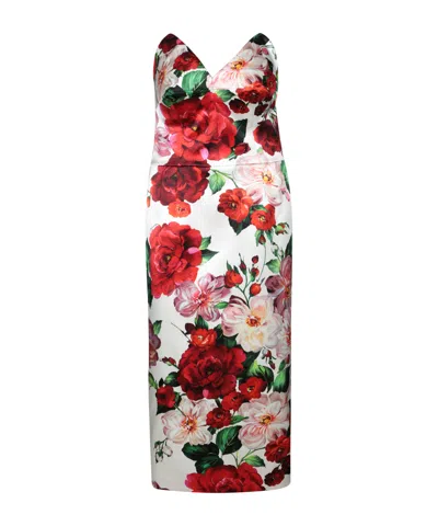 Dolce & Gabbana Strapless Floral-print Satin Bustier Midi Dress In Red