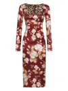 Dolce & Gabbana Rose Print Midi Dress With A Square Neckline In Brown