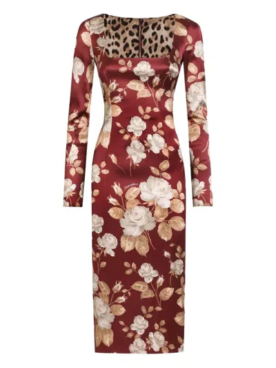 Dolce & Gabbana Rose Print Midi Dress With A Square Neckline In Burgundy