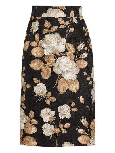 Dolce & Gabbana Rose-print Midi Pencil Skirt In Black