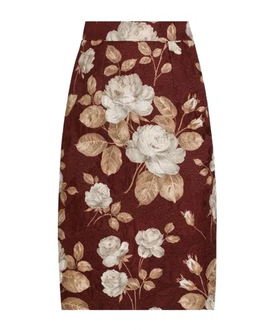 Dolce & Gabbana Rose-print Midi Pencil Skirt In Brown