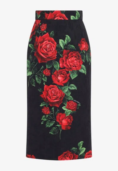 Dolce & Gabbana Rose Print Midi Skirt In Multicolor