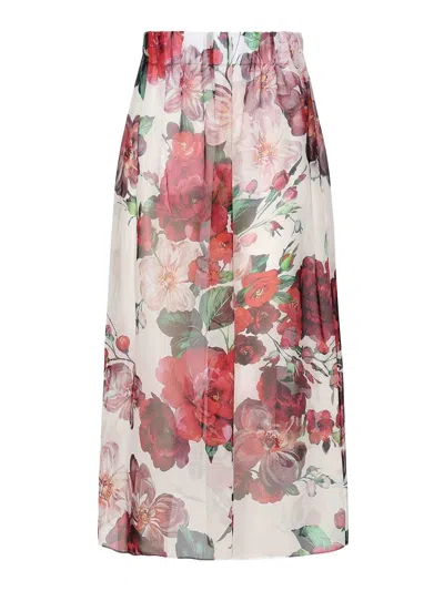 Dolce & Gabbana Rose Print Midi Skirt In White