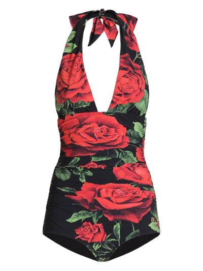 Dolce & Gabbana Rose Print One-piece Swimsuit With Lace Closure & Dg Logo In Nero