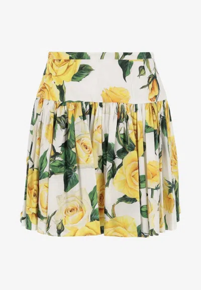 Dolce & Gabbana Rose Print Pleated Mini Skirt In Gelb