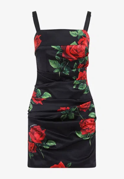 Dolce & Gabbana Rose Print Ruched Satin Mini Dress In Multicolor
