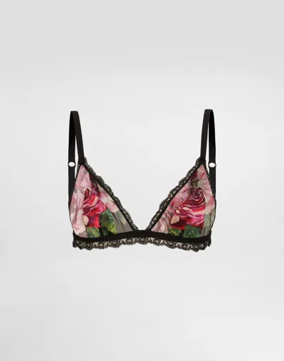 Dolce & Gabbana Rose-print Satin And Tulle Triangle Bra