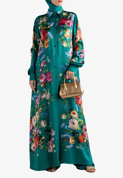 Dolce & Gabbana Rose Print Satin Maxi Kaftan Dress In Green