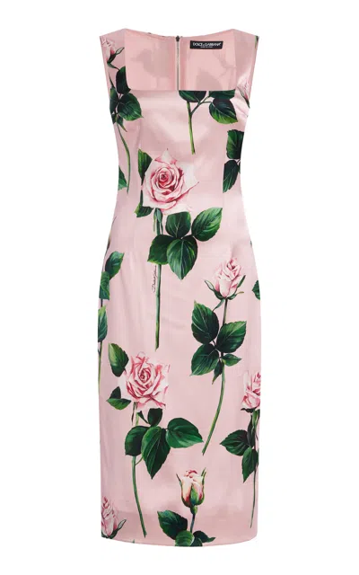 Dolce & Gabbana Pink Rose Print Satin Sheath Dress