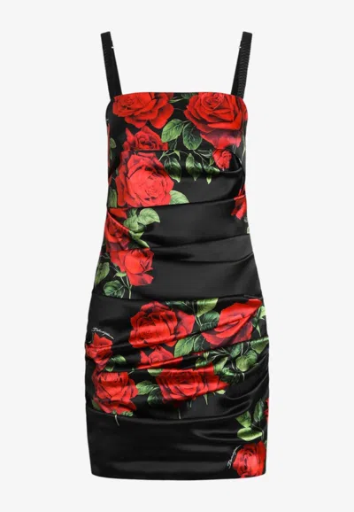 Dolce & Gabbana Rose Print Satin Ruched Mini Dress In Multicolor