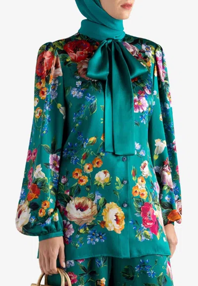 Dolce & Gabbana Rose Print Satin Shirt In Blue