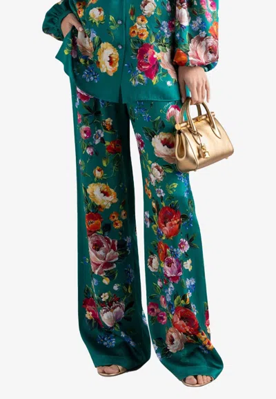Dolce & Gabbana Rose Print Satin Vanity Pants In Green