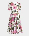 Dolce & Gabbana Rose-print Short-sleeve Fit-&-flare Midi Dress In Whtprtpink