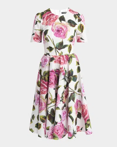 Dolce & Gabbana Rose-print Short-sleeve Fit-&-flare Midi Dress In Whtprtpink