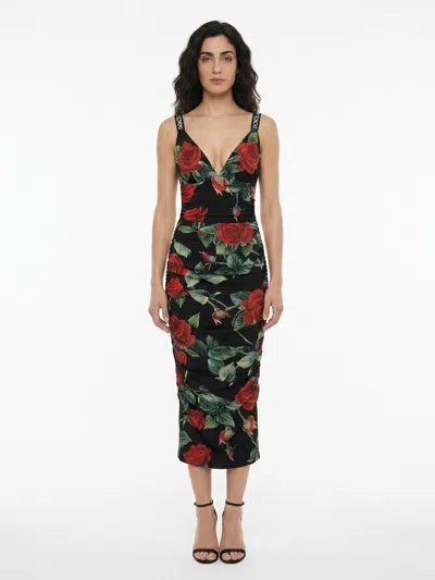Dolce & Gabbana Rose Print Silk Dress In Black