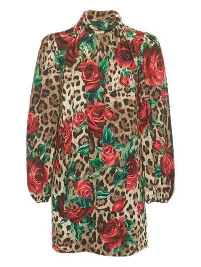 Pre-owned Dolce & Gabbana Rose-print Silk Dress In Brown